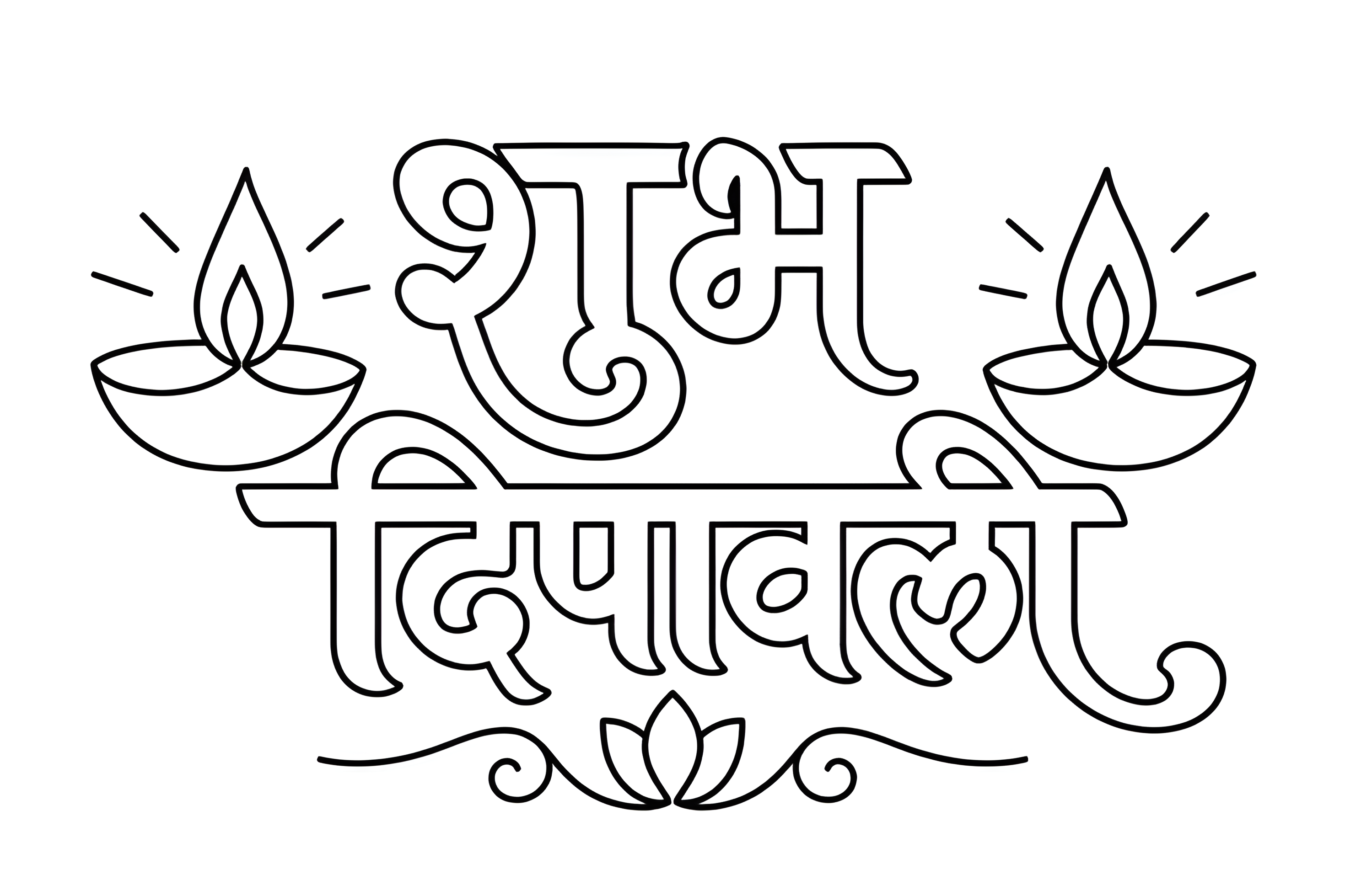 रंग भरने वाला चित्र, जिसमें शुभ दीपावली की बड़ी सजावटी लिखावट के दोनों ओर जलते दीये और नीचे कमल की आकृति बनी है।