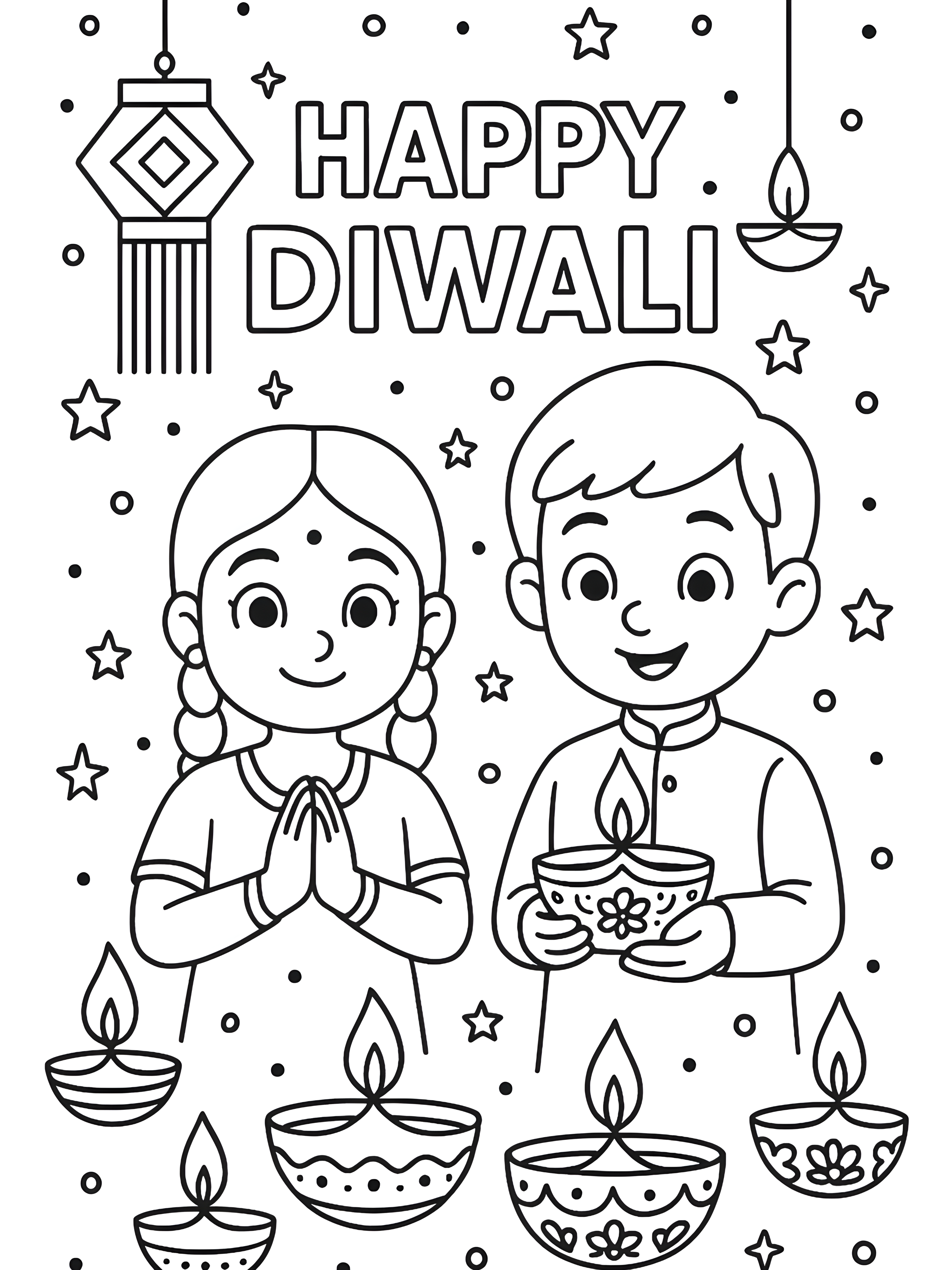 रंग भरने वाला चित्र, जिसमें दिवाली पर हाथ जोड़े एक लड़की और फूलों से सजा दीया पकड़े एक लड़का हैं; ऊपर कंदील, तारे और हैप्पी दिवाली लिखा है, नीचे कई सजे हुए दीये हैं।