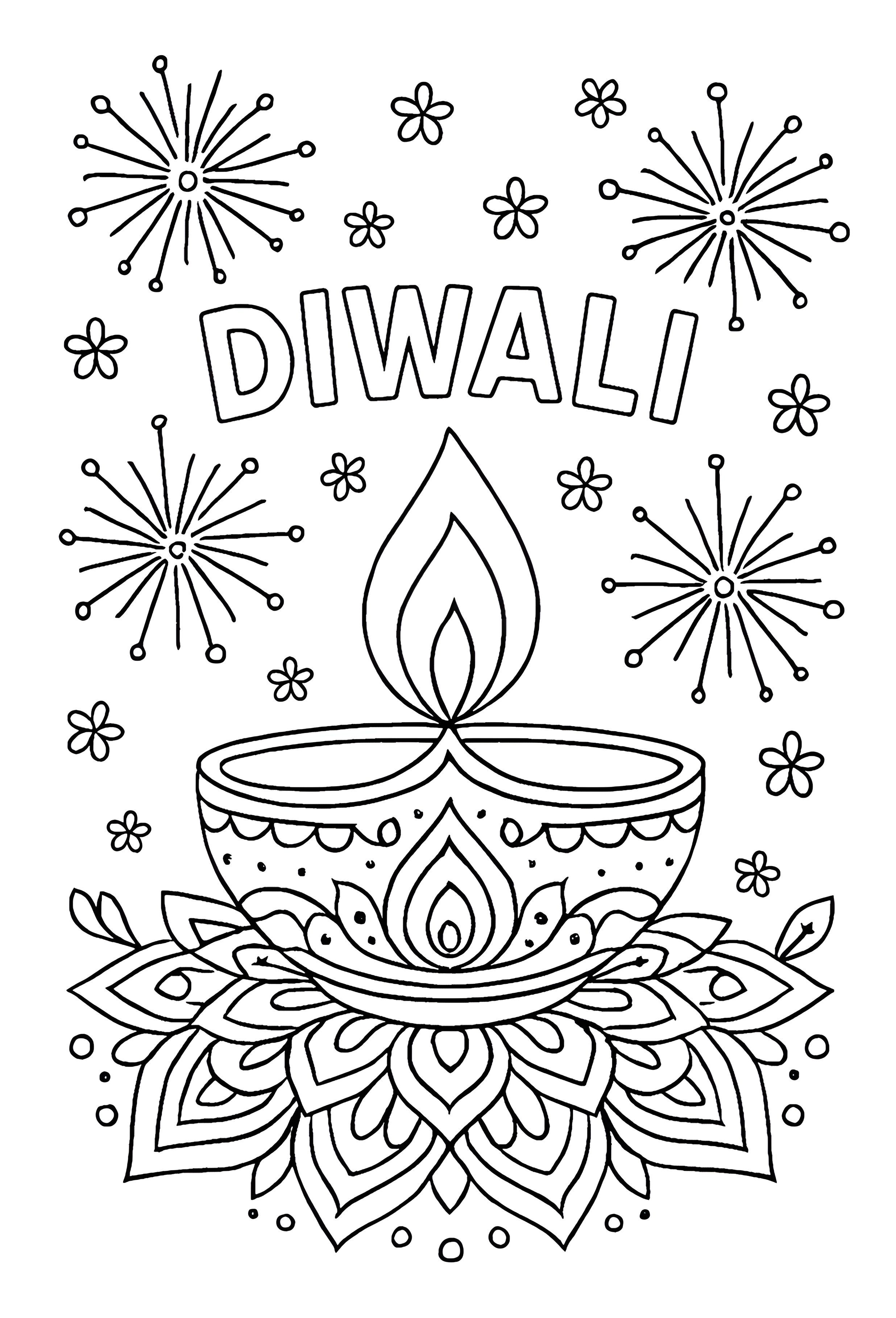 रंग भरने वाला चित्र, जिसमें रंगोली जैसी पंखुड़ियों पर सजावटी दीया और उसकी ऊँची लौ बनी है। ऊपर दिवाली लिखा है और चारों ओर फूलों व आतिशबाज़ी की आकृतियाँ हैं।